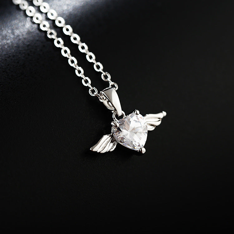 Short Women's Heart Lock Necklace with Angel Wings