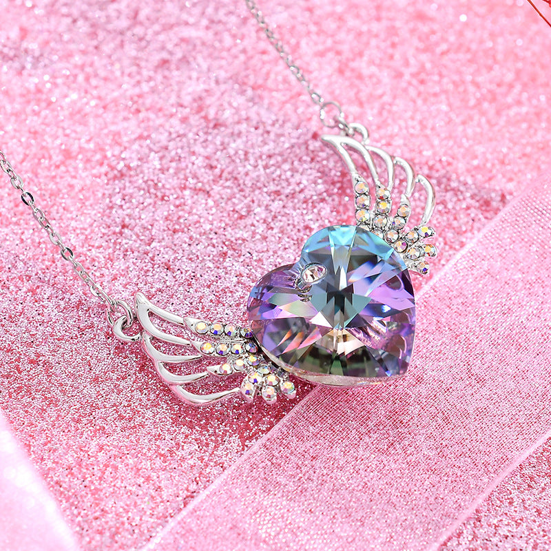 S925 Silver Angel Wings Heart Necklace with Crystals