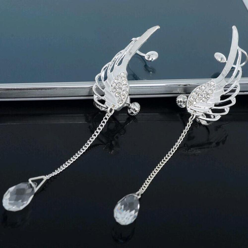 Angel Wing Tassel Earrings with Crystal Clip-On Design