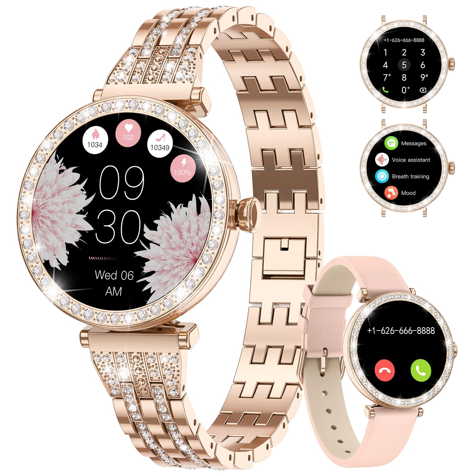Elegant Diamond Smartwatch for Women with Bluetooth Calls
