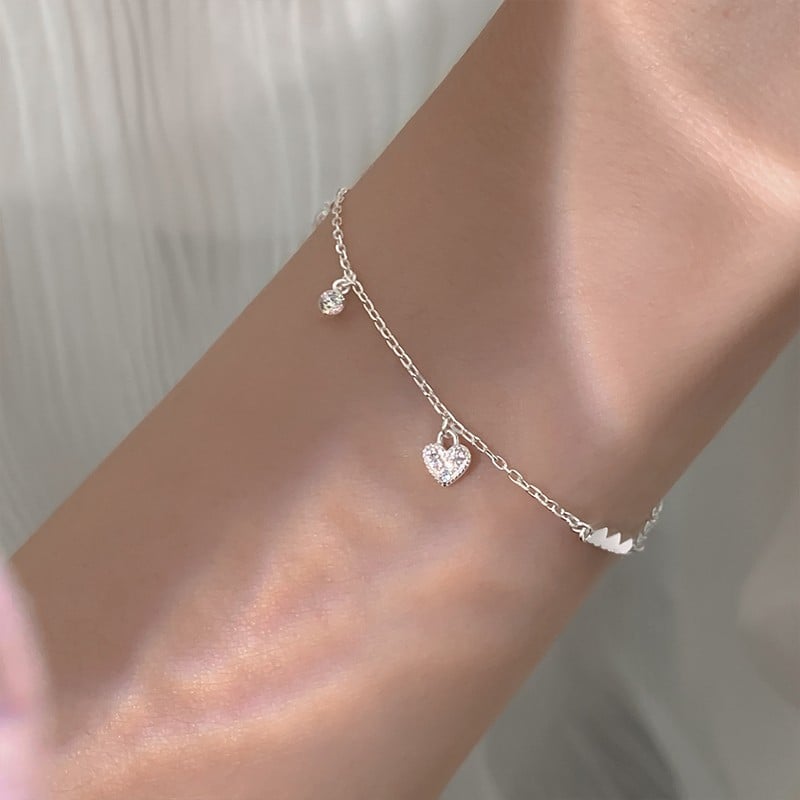 Glossy 925 Sterling Silver Heart Zircon Bracelet