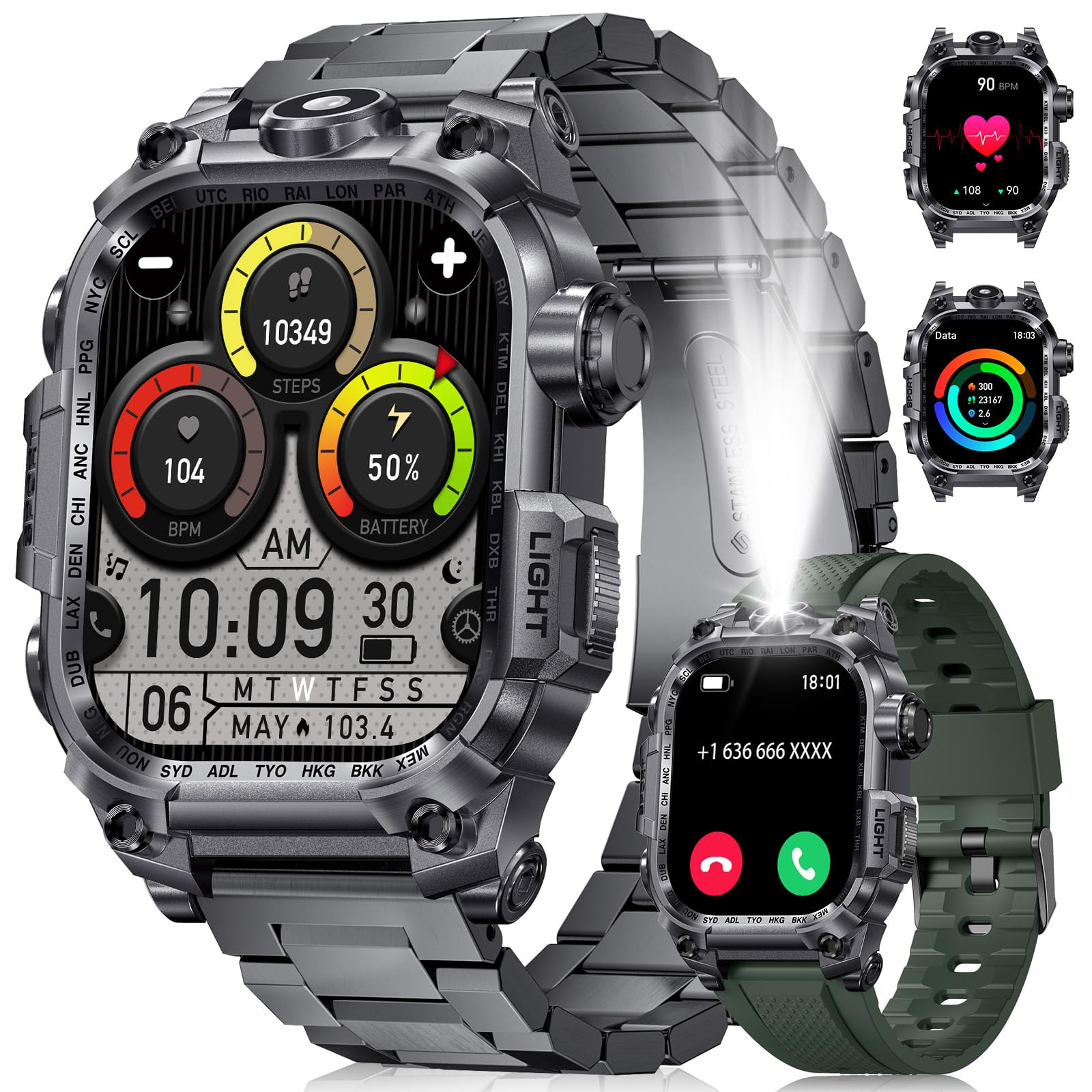 LIGE Rugged Military Smart Watch with LED Flashlight