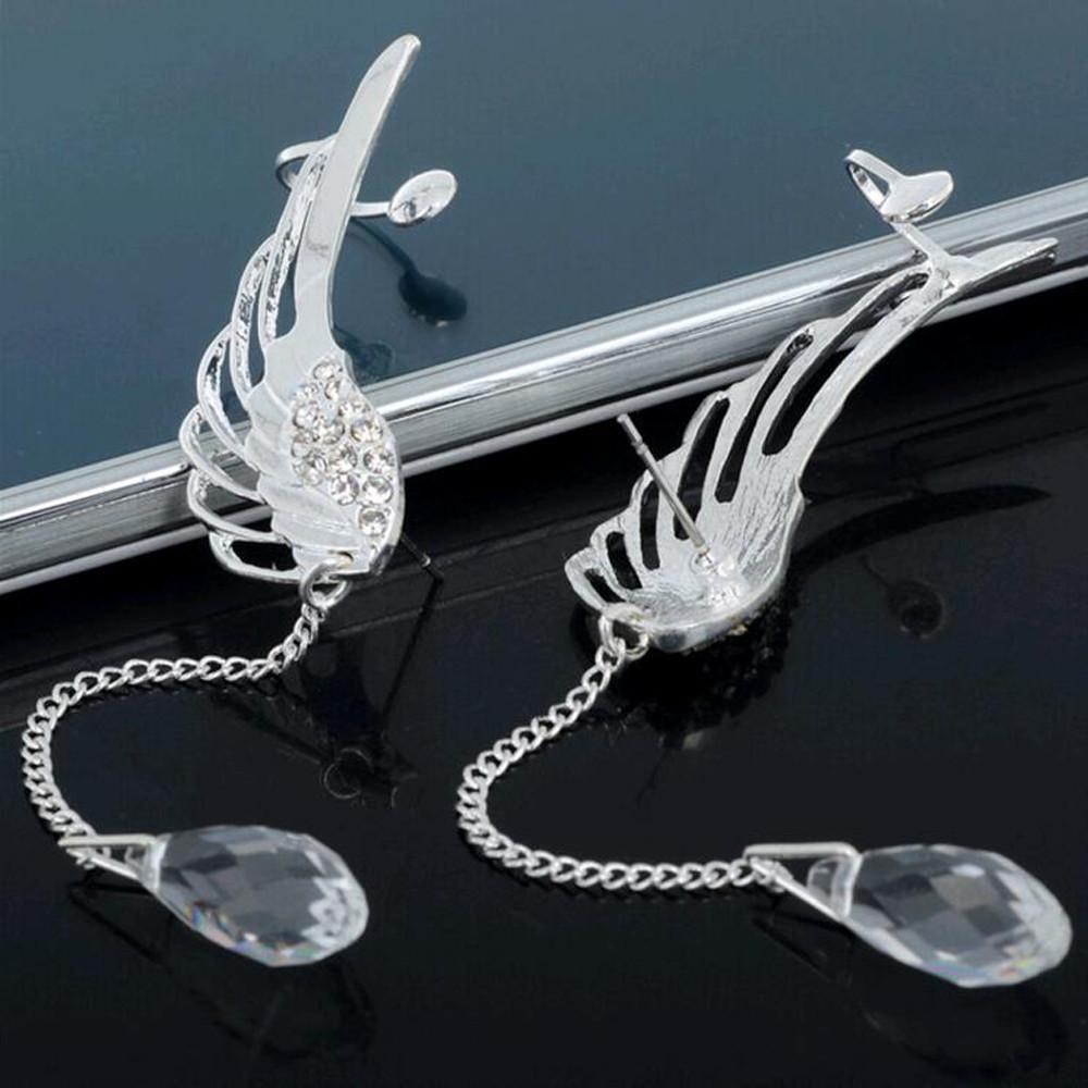 Angel Wing Tassel Earrings with Crystal Clip-On Design