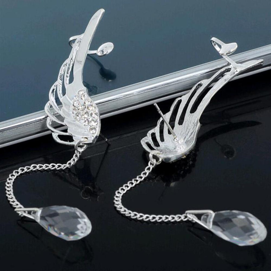 Angel Wing Tassel Earrings with Crystal Clip-On Design