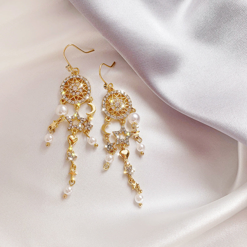 Asymmetrical Star Moon Pearl Tassel Earrings for Women