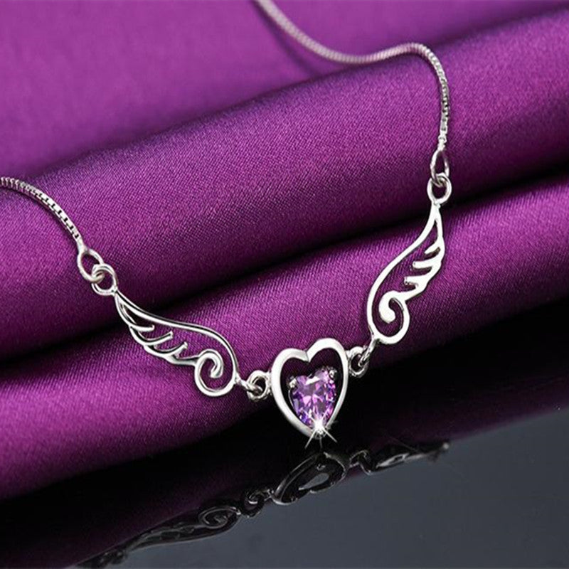 Angel Wings Heart Necklace with Crystal Pendant