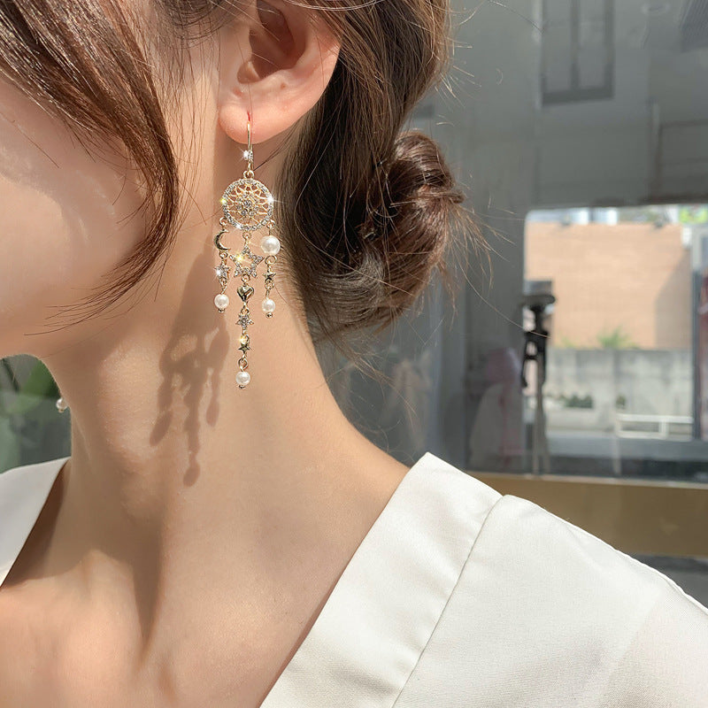 Asymmetrical Star Moon Pearl Tassel Earrings for Women