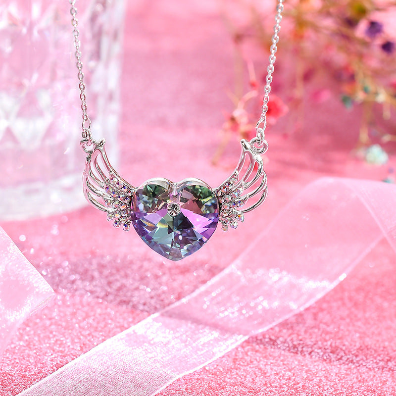 S925 Silver Angel Wings Heart Necklace with Crystals