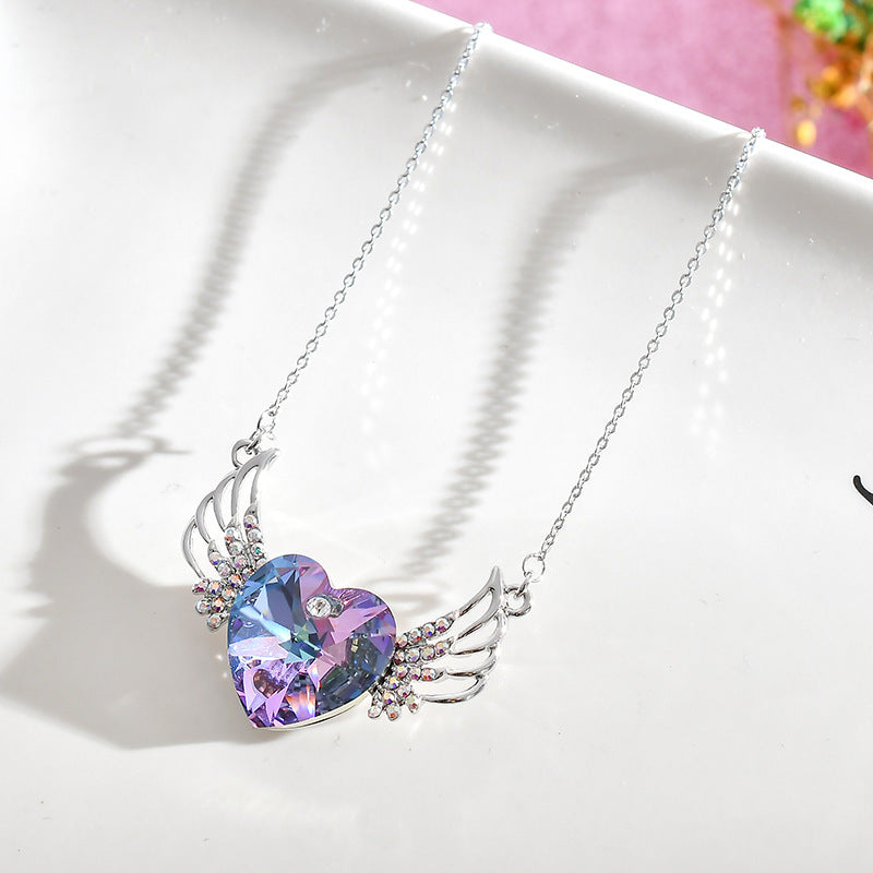 S925 Silver Angel Wings Heart Necklace with Crystals