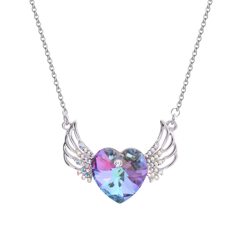 S925 Silver Angel Wings Heart Necklace with Crystals