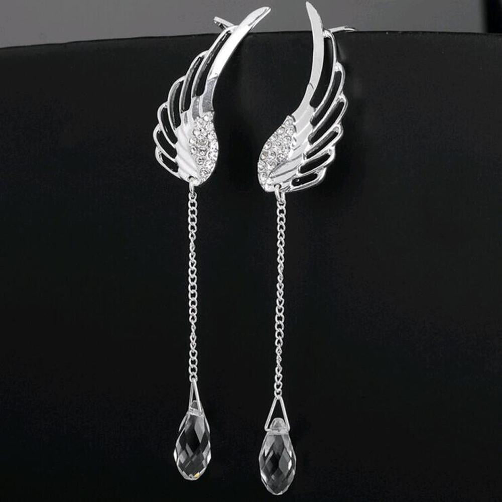 Angel Wing Tassel Earrings with Crystal Clip-On Design