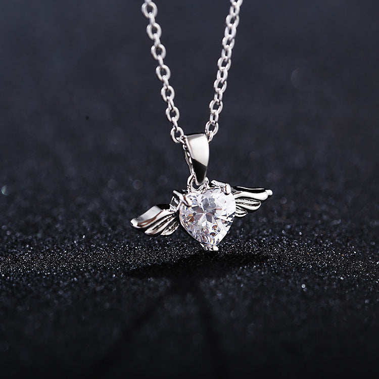 Short Women's Heart Lock Necklace with Angel Wings