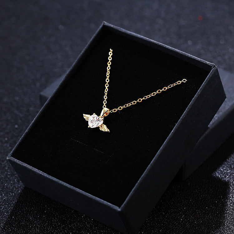 Short Women's Heart Lock Necklace with Angel Wings