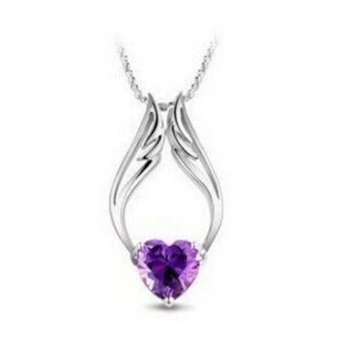 Angel Wing Heart Necklace with Pink Crystal Design