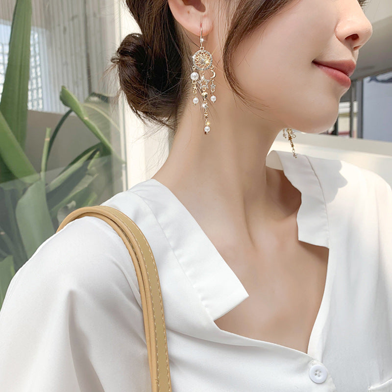 Asymmetrical Star Moon Pearl Tassel Earrings for Women
